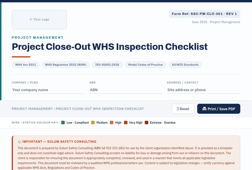 Preview of the Project Close-Out WHS Inspection Checklist digital form