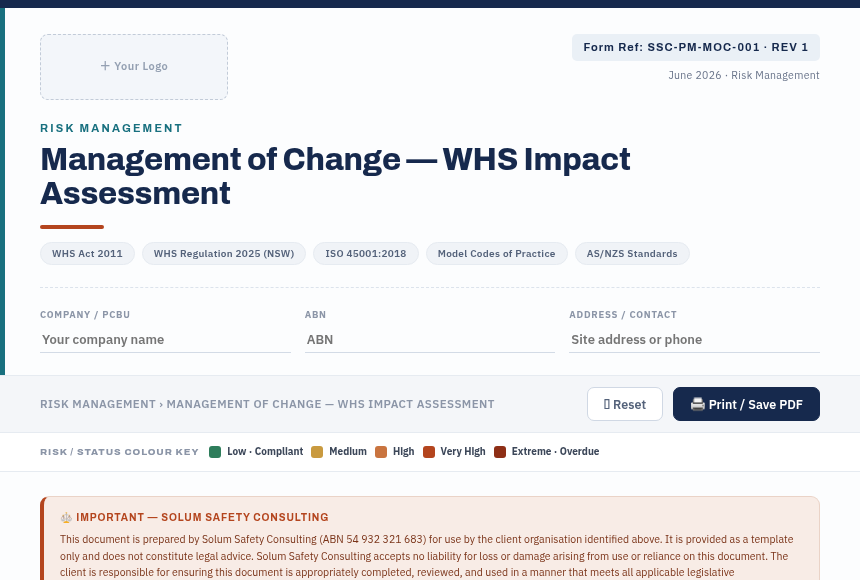 Preview of the Management of Change — WHS Impact Assessment digital form