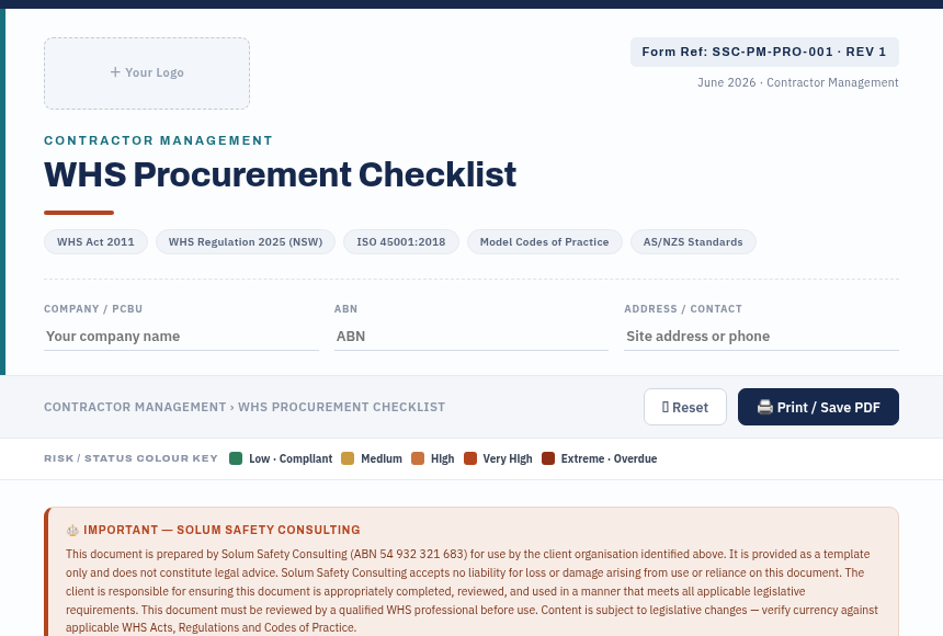 Preview of the WHS Procurement Checklist digital form