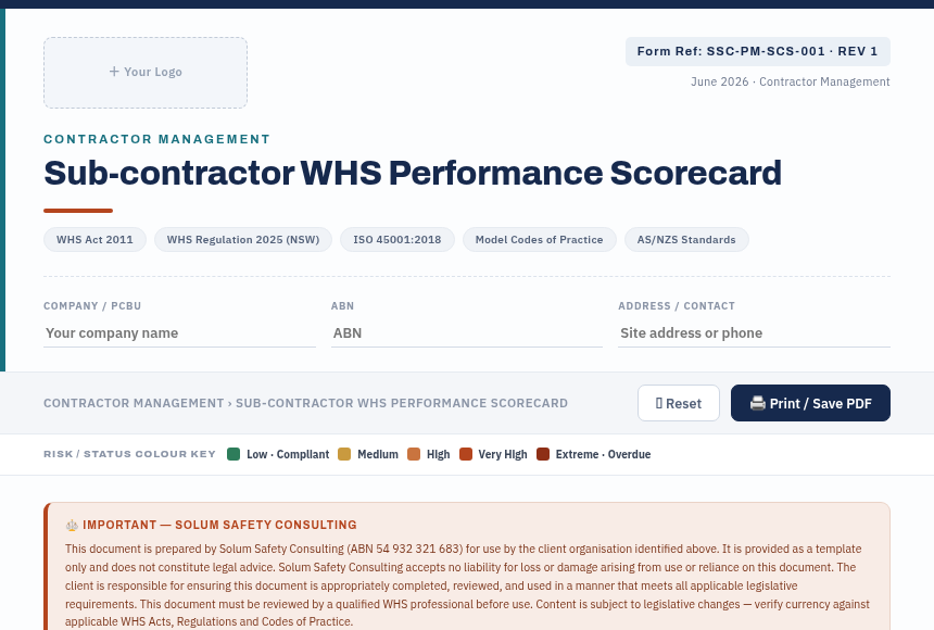 Preview of the Sub-contractor WHS Performance Scorecard digital form