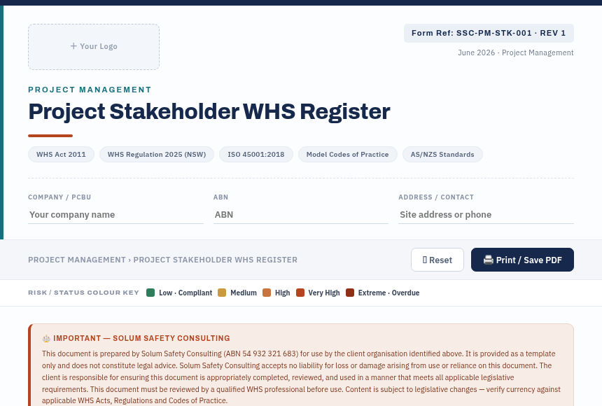 Preview of the Project Stakeholder WHS Register digital form