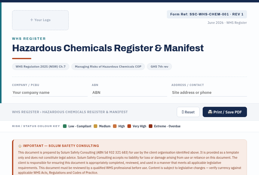 Preview of the Hazardous Chemicals Register digital form