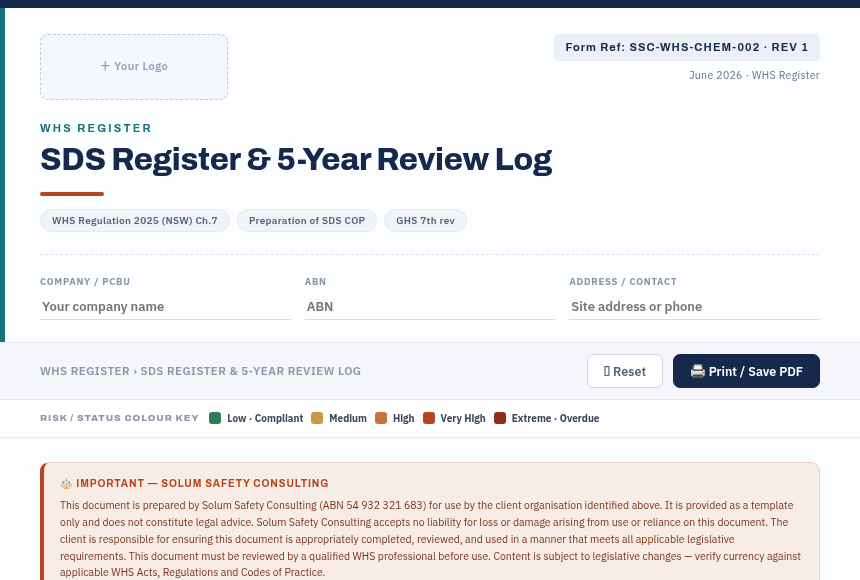 Preview of the SDS Register Review Log digital form