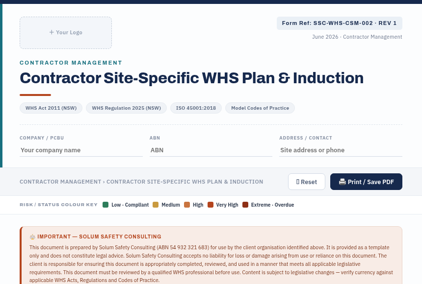 Preview of the Contractor Site WHS Plan Induction digital form