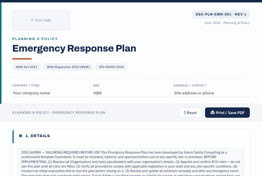 Preview of the Emergency Response Plan digital form