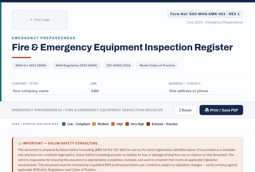 Preview of the Fire Emergency Equipment Register digital form