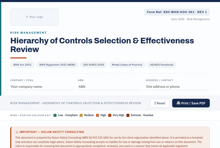 Preview of the Hierarchy of Controls Selection - Effectiveness Review digital form