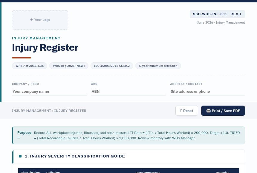 Preview of the Injury Register digital form