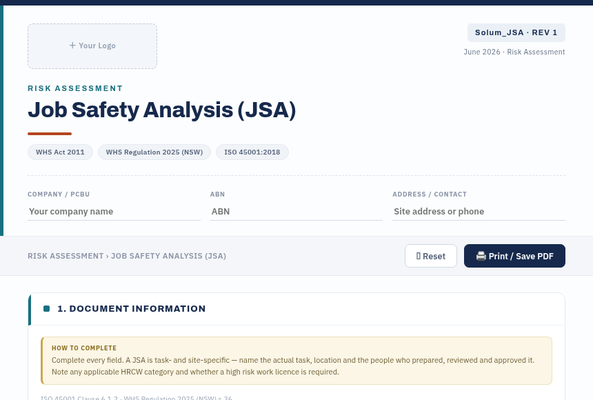 Preview of the Job Safety Analysis digital form