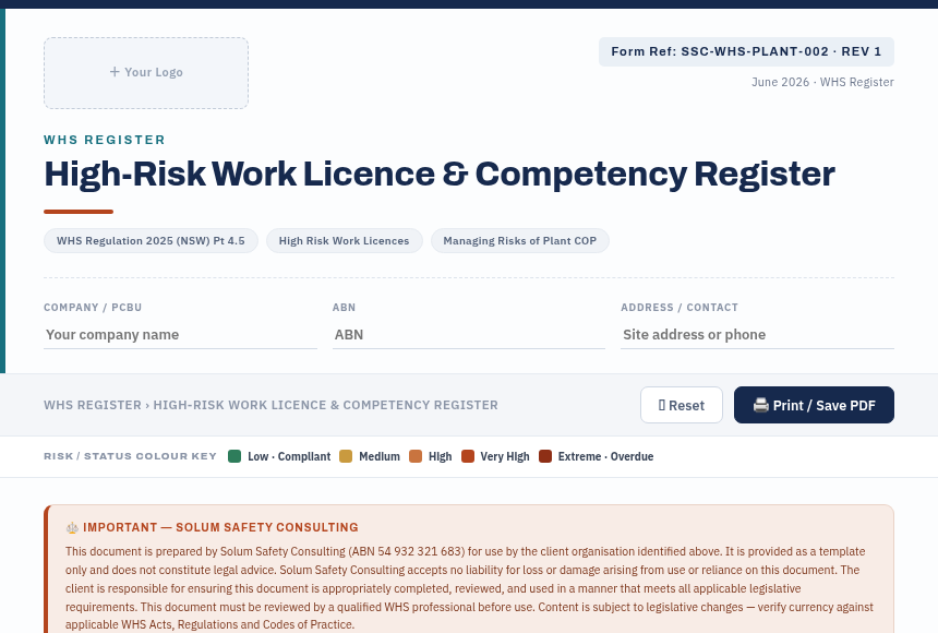 Preview of the HRW Licence Competency Register digital form