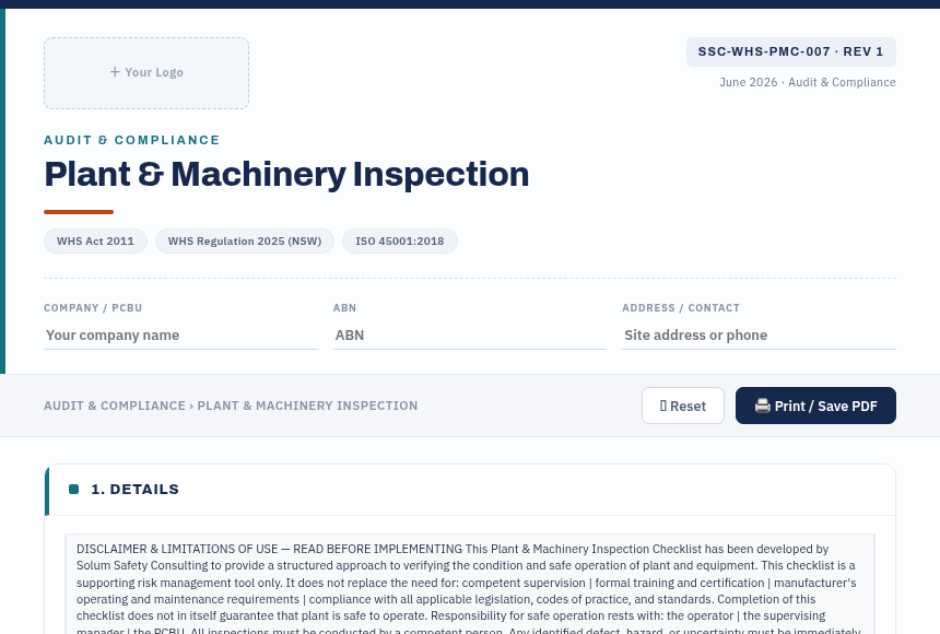 Preview of the Plant & Machinery Inspection digital form