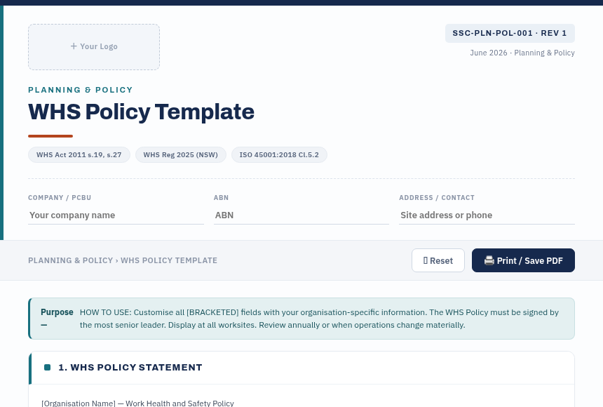 Preview of the WHS Policy Template digital form