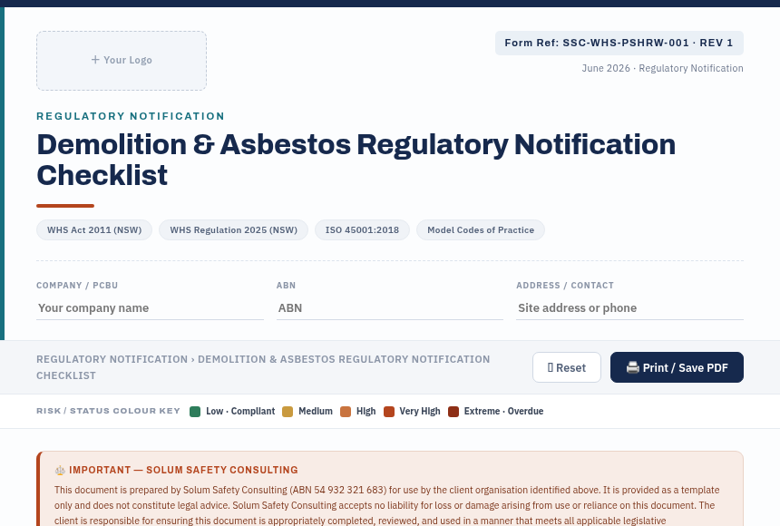 Preview of the Regulatory Notification Checklist digital form