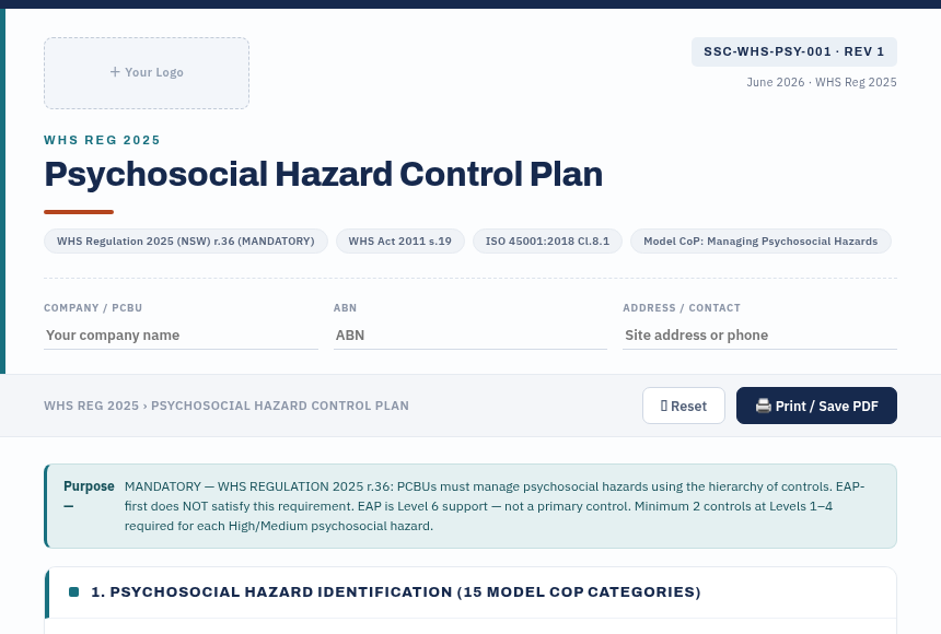 Preview of the Psychosocial Hazard Control Plan digital form