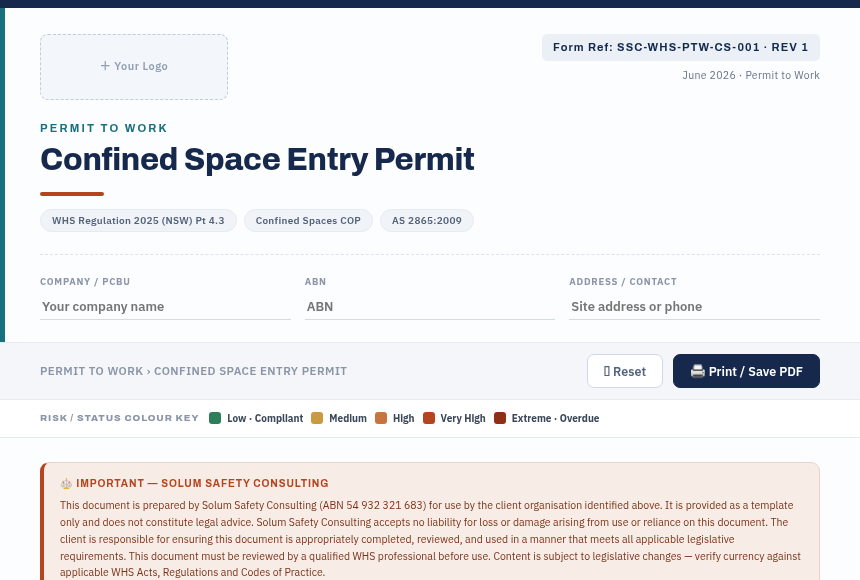 Preview of the Confined Space Entry Permit digital form