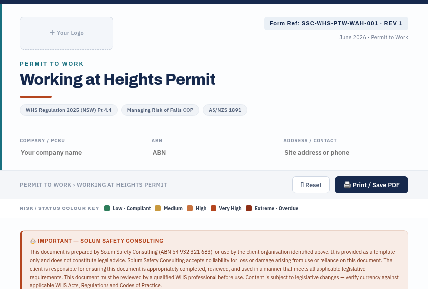Preview of the Working at Heights Permit digital form