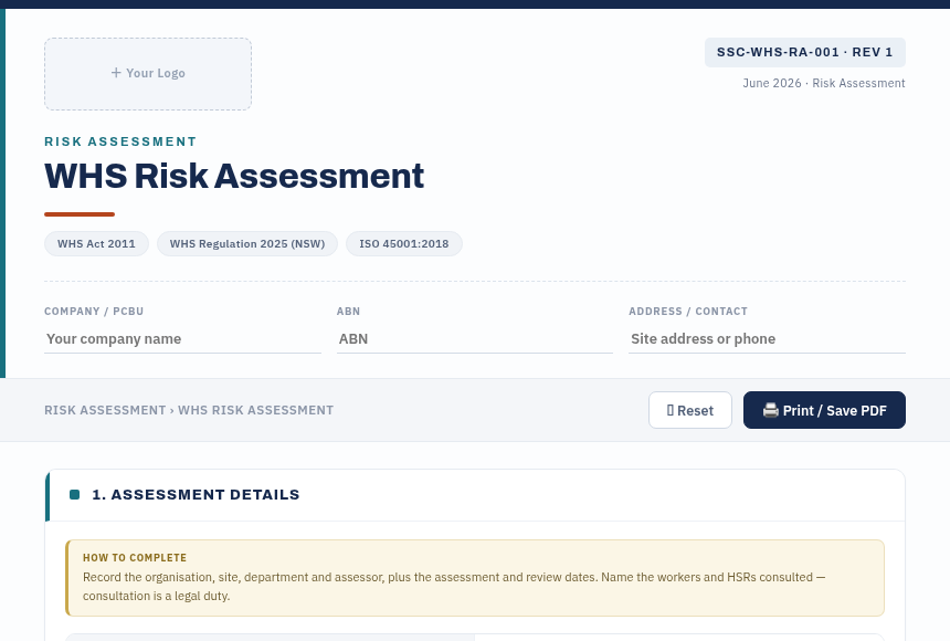 Preview of the WHS Risk Assessment digital form
