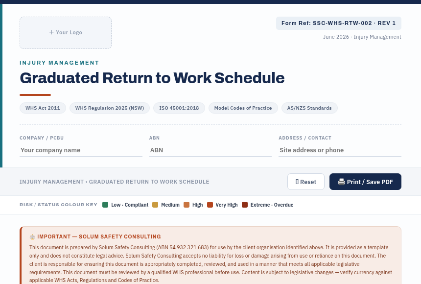 Preview of the Graduated Return to Work Schedule digital form
