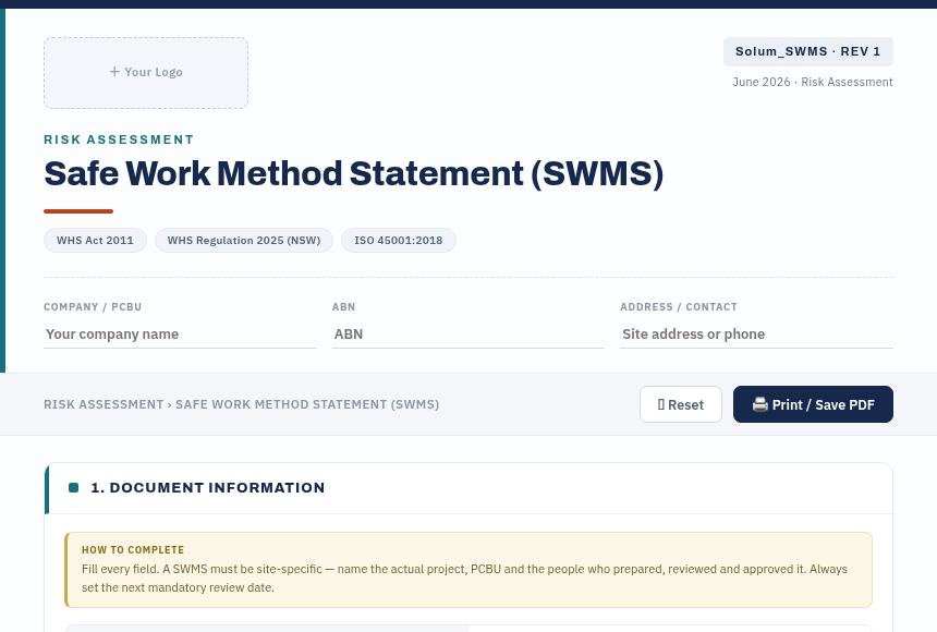 Preview of the Safe Work Method Statement digital form